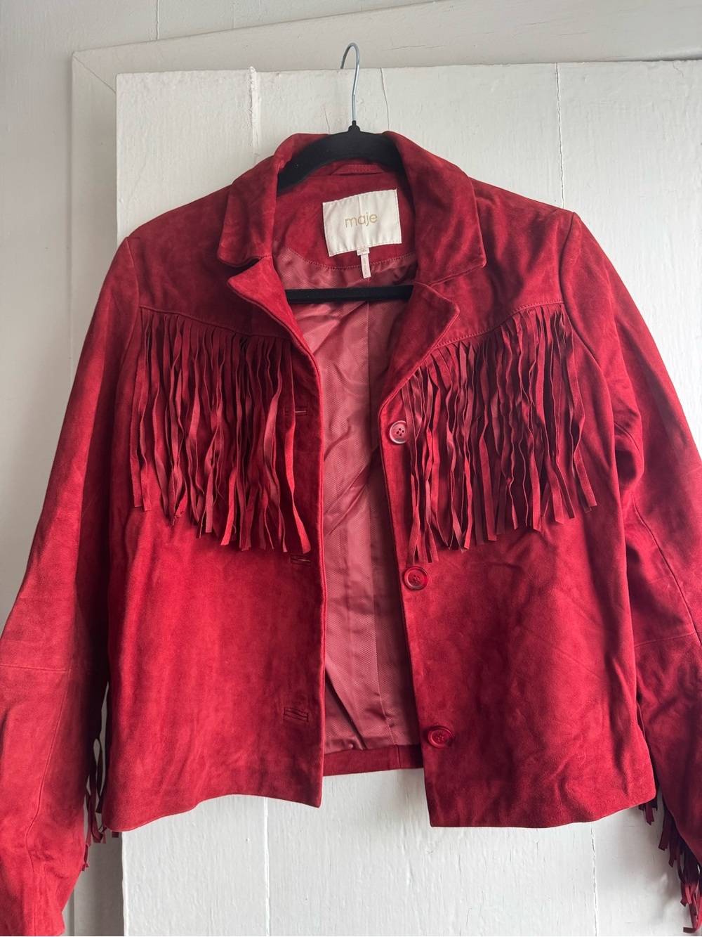 Maje Red Suede Fringe Jacket